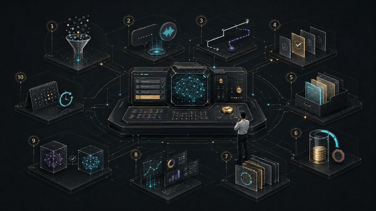 Futuristic AI agent control panel with 10 principle nodes in isometric 3D style